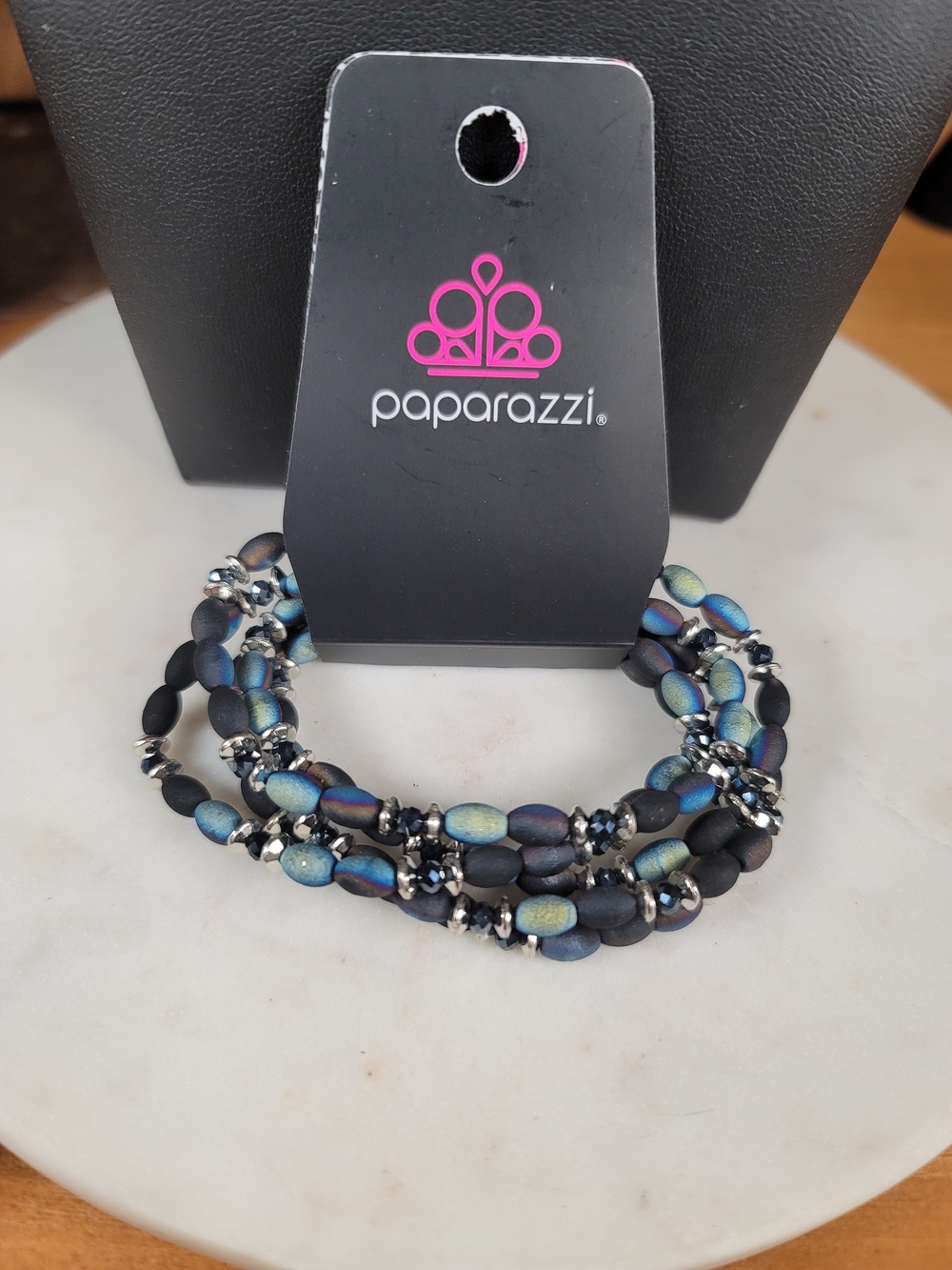 paparazzi Matte Black and Iridescent Blue Multi-Strand Beaded Bracelet